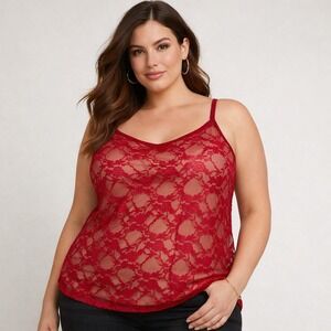 Torrid Lace Overlay Camisole Women 5 Red  Plus Size Adjustable Straps Coquette